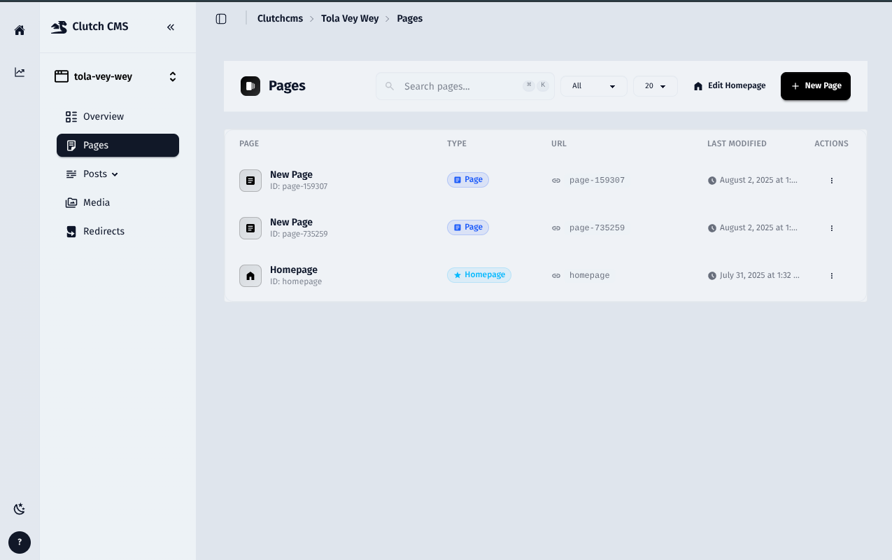 Kayde Pages Dashboard - List of website pages with thumbnail previews, status indicators, and quick actions